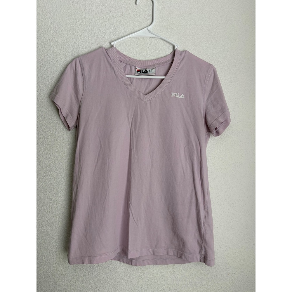 Fila Womens V-Neck Short Sleeve T-Shirt Lavender Purple Logo Tee Size Small